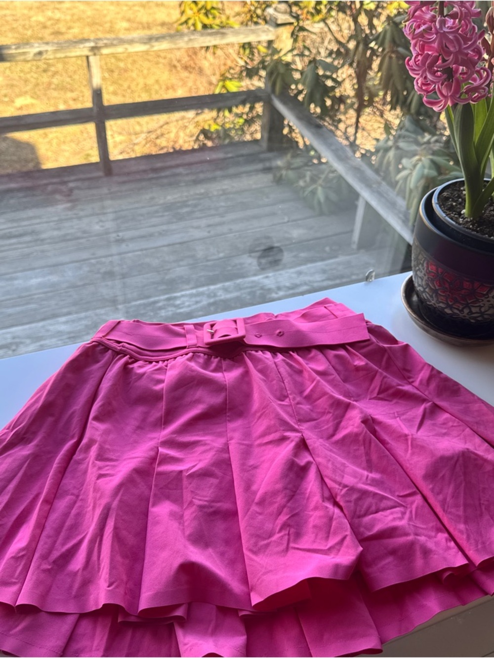 aerie Bright Pink Pleated Skater Skirt with Waist Belt